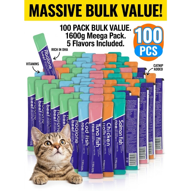 100pcs cat snacks one weighing 0 56oz 16g cat fattening nutrition strip 20 mixed cat strips in each of five flavors chicken egg yolk salmon fish roe cod fish roe abalone beef   roe Product details 0