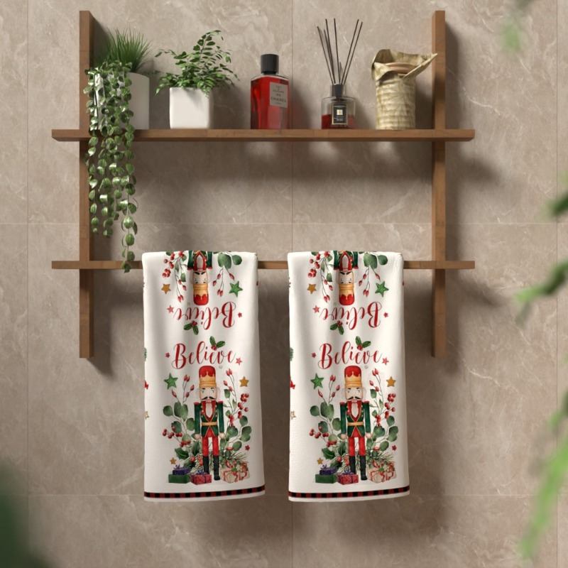 

2pcs Nutcracker Christmas Hand Towels Set - Super Soft Polyester, Machine Washable Oblong Kitchen & Bathroom Decorative Towels With Contemporary Nutcracker Design For Decoration