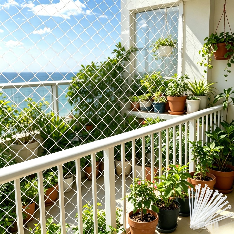 Image of Transparent Nylon Pet Anti-fall Net Balcony Window Stair Protective Fence Safety Anti-escape Net With 20 Zip Ties, Universal For