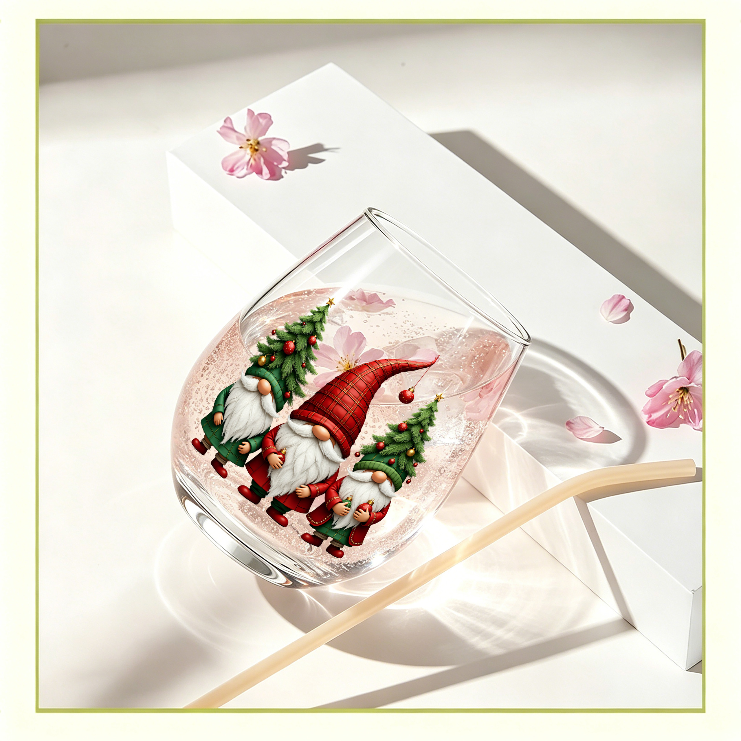 TEMU 1-pack / Christmas Tree Gnome Combination Pattern, 350ml / Transparent Drinking Glass, Stemless Wine Glass, Egg-shaped Glass, Champagne And