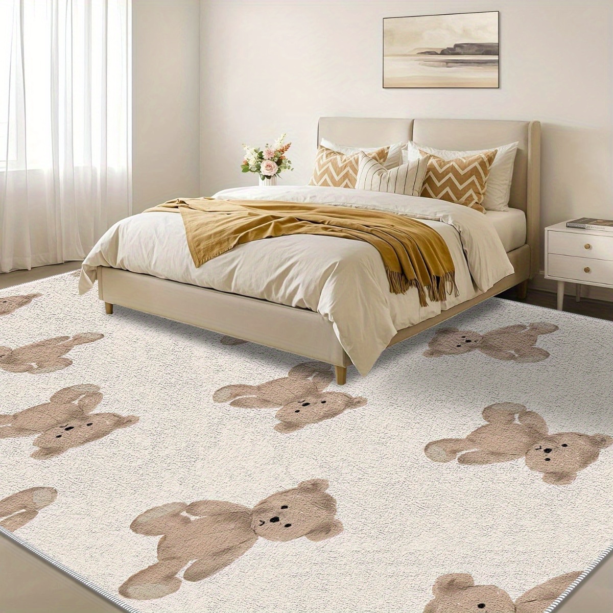 TEMU 1pc Bohemia Pattern Light Beige Teddy Easy-to-clean Foldable Indoor Printed Area Mat, Soft And Durable Machine-washable Anti-slip Mat Suitable