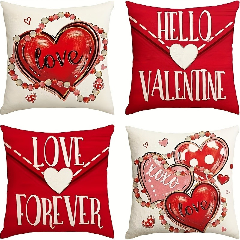 

4pcs Valentine's Day Throw Pillow Covers, Vintage Geometric Heart And Polka , Hand Washable Zippered Polyester Cushion Cases, For Living Room Decor, Wedding And Anniversary Decorative Pillowcases