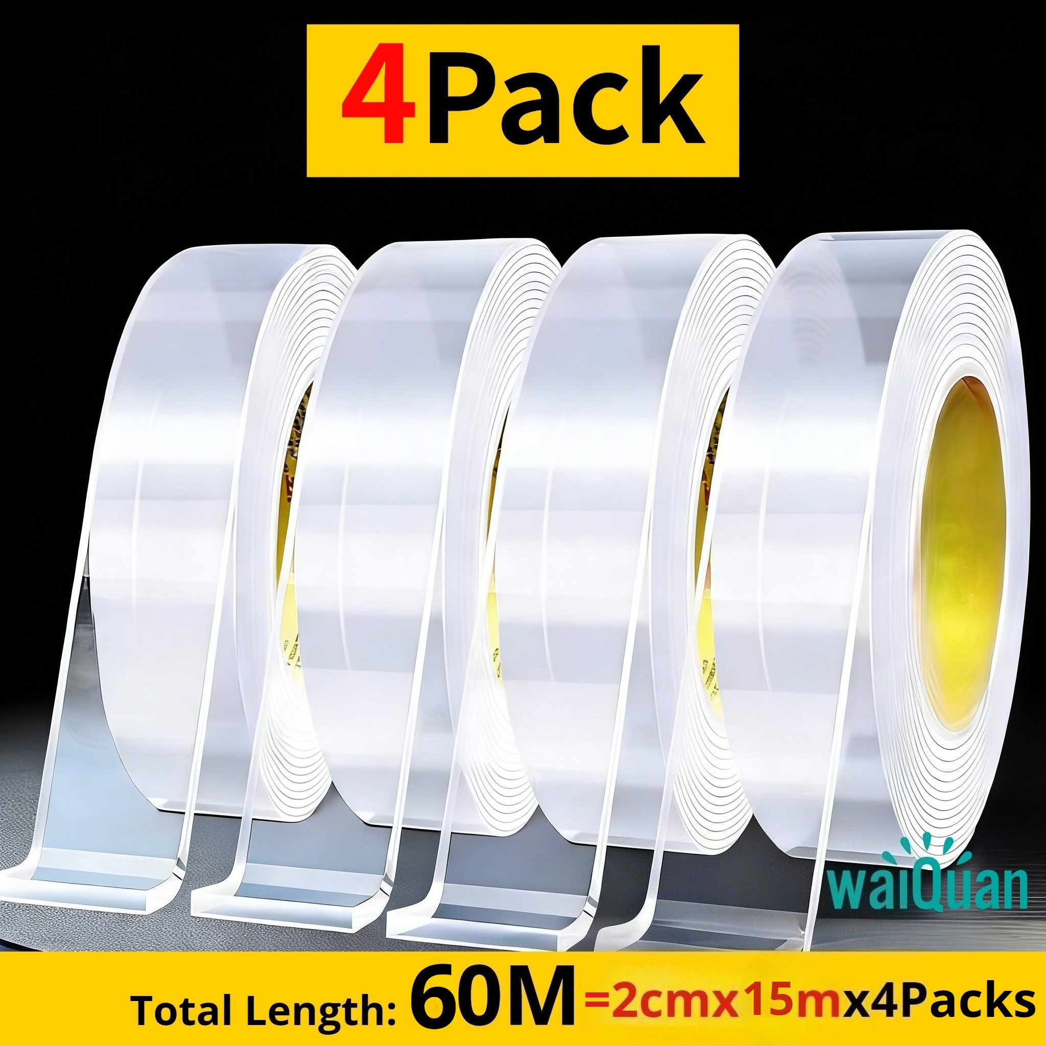 E-shop 4er-Pack Hochfester Nano-Doppelseitiges Klebeband | Transparent, Universeller Befestigungsklebstoff für Wände, Geeignet für Holz, Kunststoff,