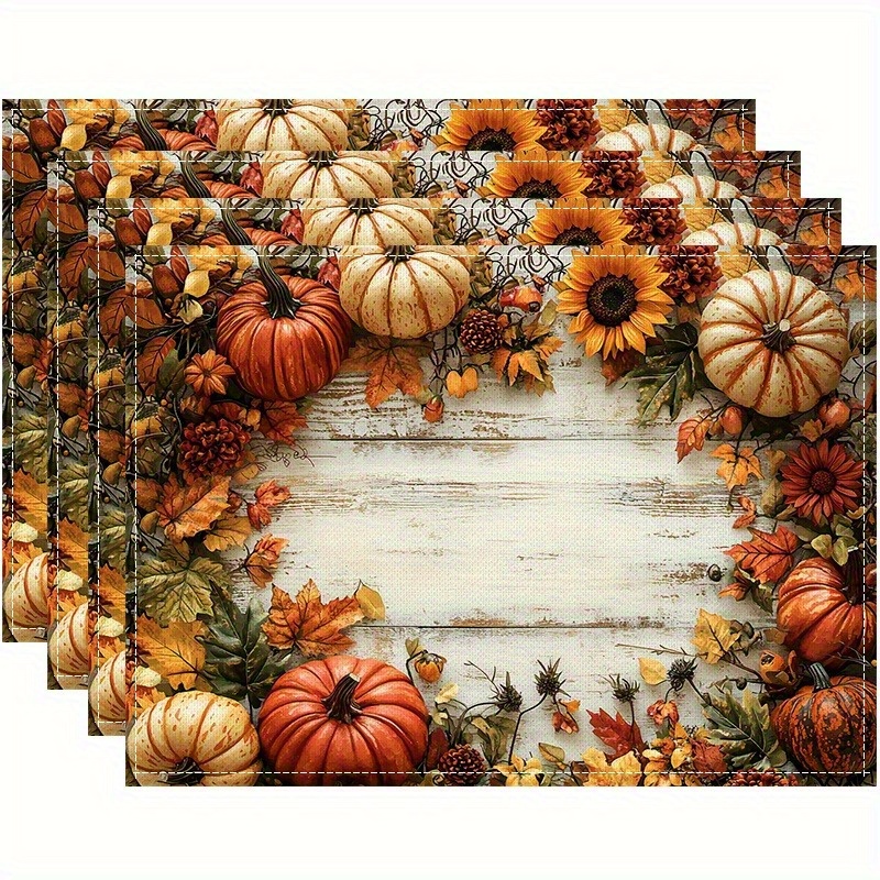 TEMU 4pcs Pumpkin Leaf Print Placemats - Rustic Linen Table Mats With Sunflower & Design, Hand Wash Only Rectangular Mats For Thanksgiving, Halloween, Farmhouse Dining Decor, Fall Decorations For Home