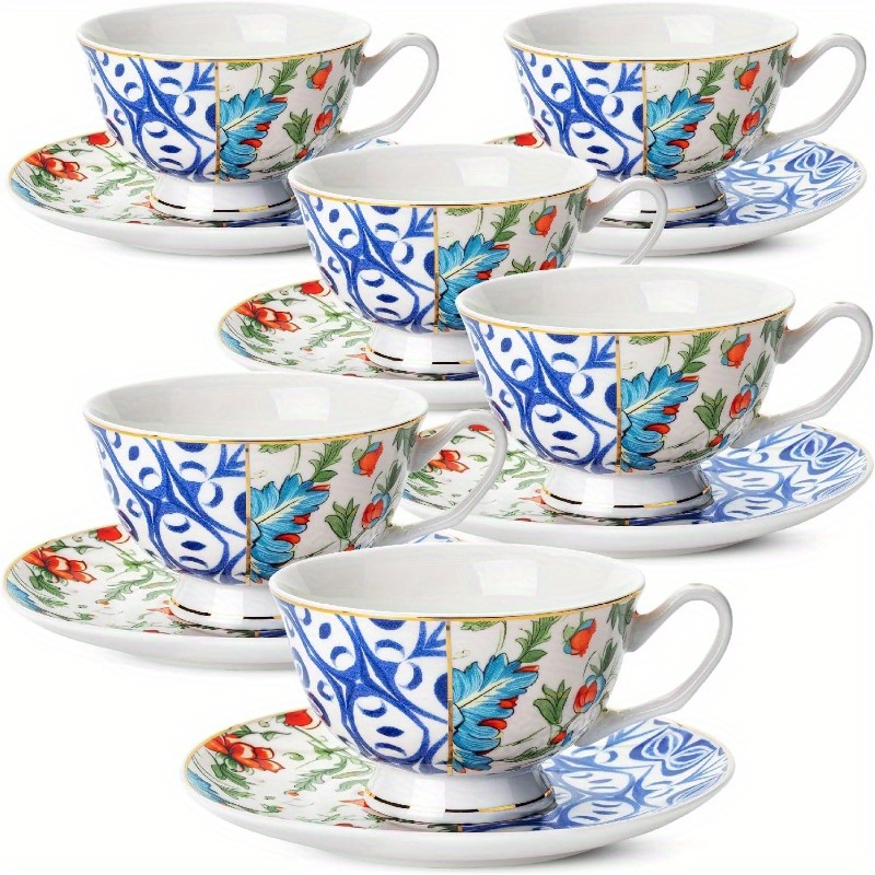 btat set of 6 vintage   floral porcelain tea cups & saucers - 8oz elegant   bone china-style cups with dishwasher safe design, microwave & freezer safe, stackable for space-saving storage - ideal for tea, coffee, home or gifting, coffee drinks,  , durable saucers,    , drinkware set, coffee enthusiasts, gift   Product details 0