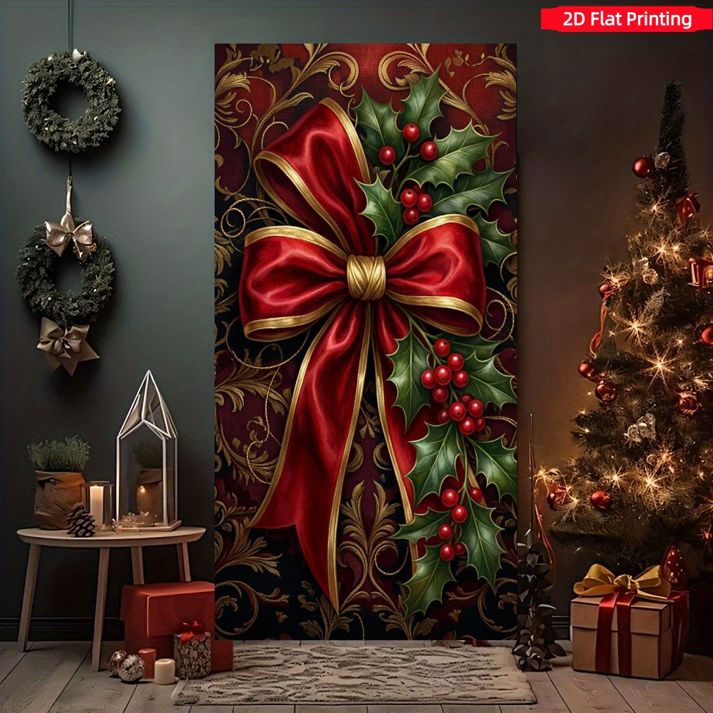 TEMU 2d Flat - 2d Door Banner 2d Flat - 2d Door Banner 2d Flat Banner 1pc Red Luxurious Christmas Bow Hanging Painting, Holly Leaf Berry Printed Door