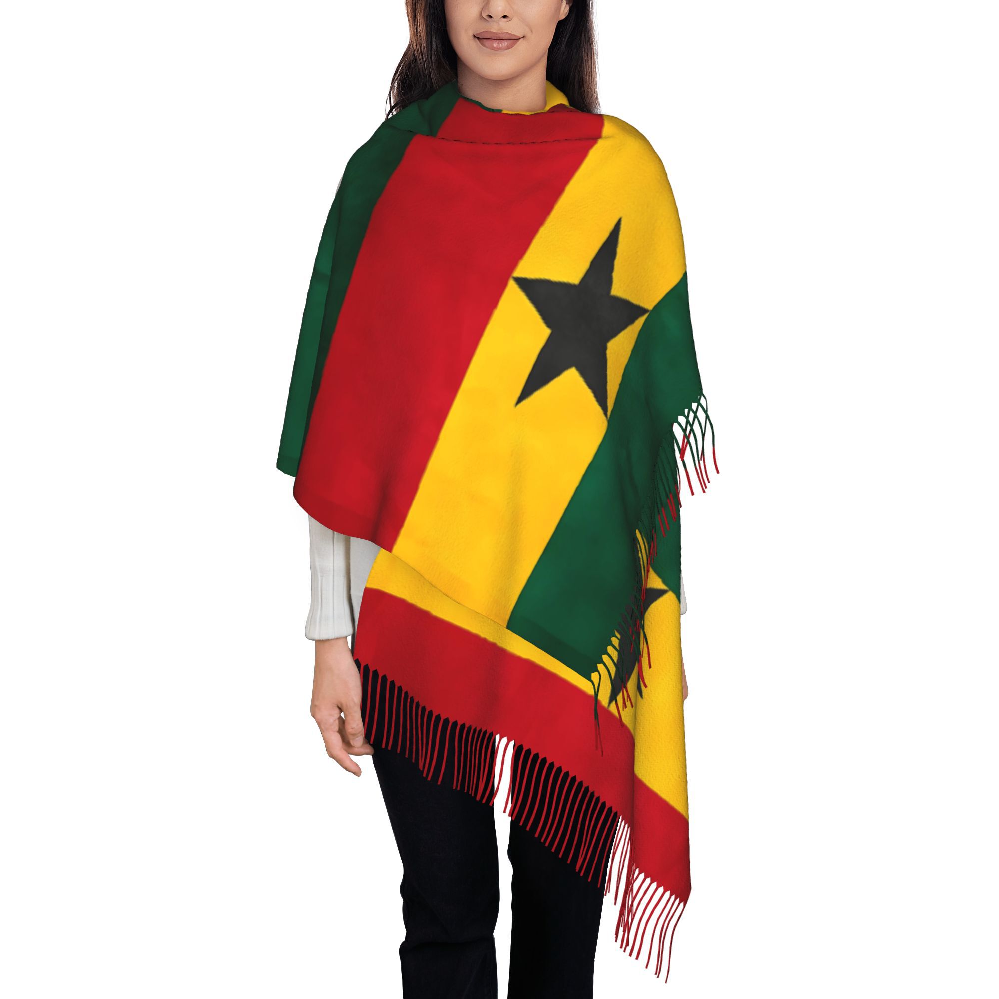 TEMU Ghana Ghanaian Flag Of Ghana Unisex Autumn And Winter Fashionable Tassel Scarf
