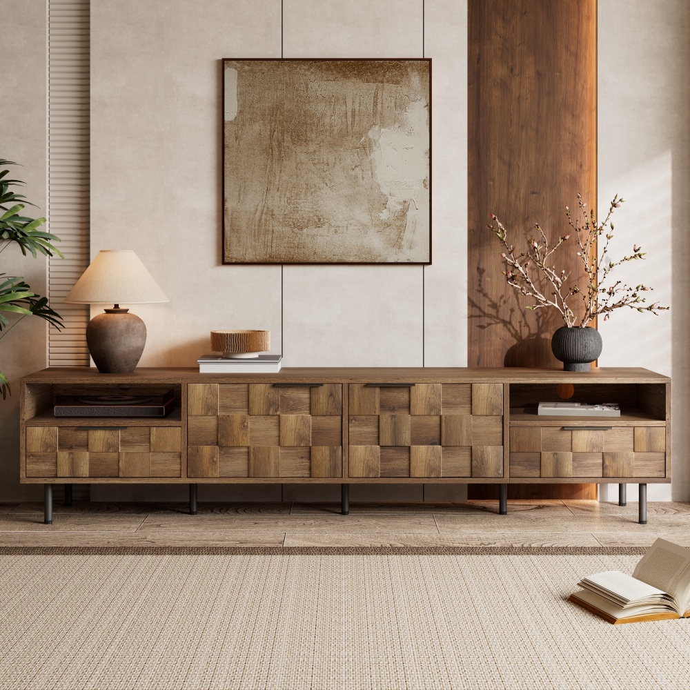 Mid-Century Modern TV Stand | Fits up to 85" TVs | Brown Oak