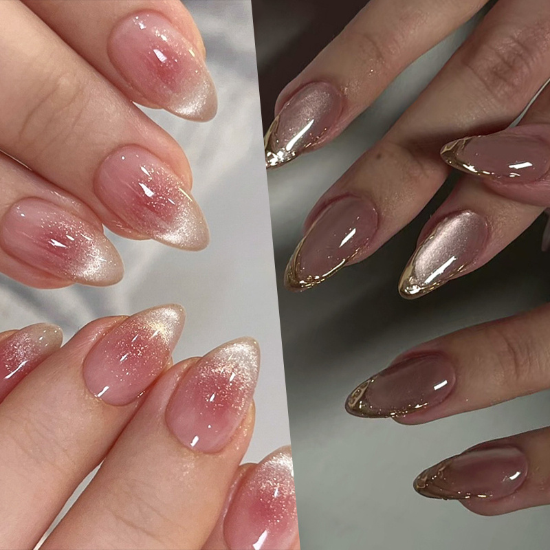 TEMU 48pcs (2 Sets) Of Medium Almond-shaped Press-on Nails, Featuring White French Tips And A Pink Cat Eye Gradient, Along With Acrylic Nail Glue, Reusable For Multiple Applications