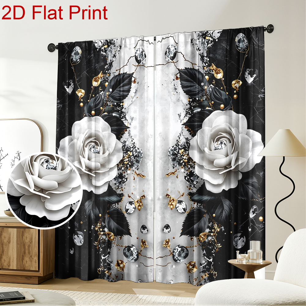 TEMU 2d Flat - 2pcs Room Curtains 2d Flat 55x150cm/21.65inch X 59inch Black And White Rose Polyester Curtains With Black And White Rose Accents And