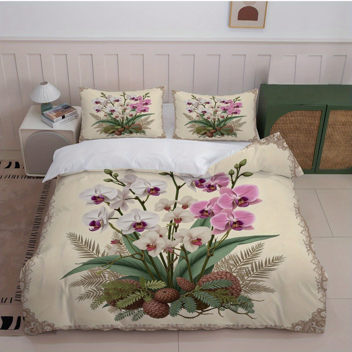 TEMU 3pcs Vintage Floral Bedding - Cream With Pink And White Orchid Print (1 Duvet Cover And 2 Pillowcases, Core Not Included) - Perfect For Bedroom