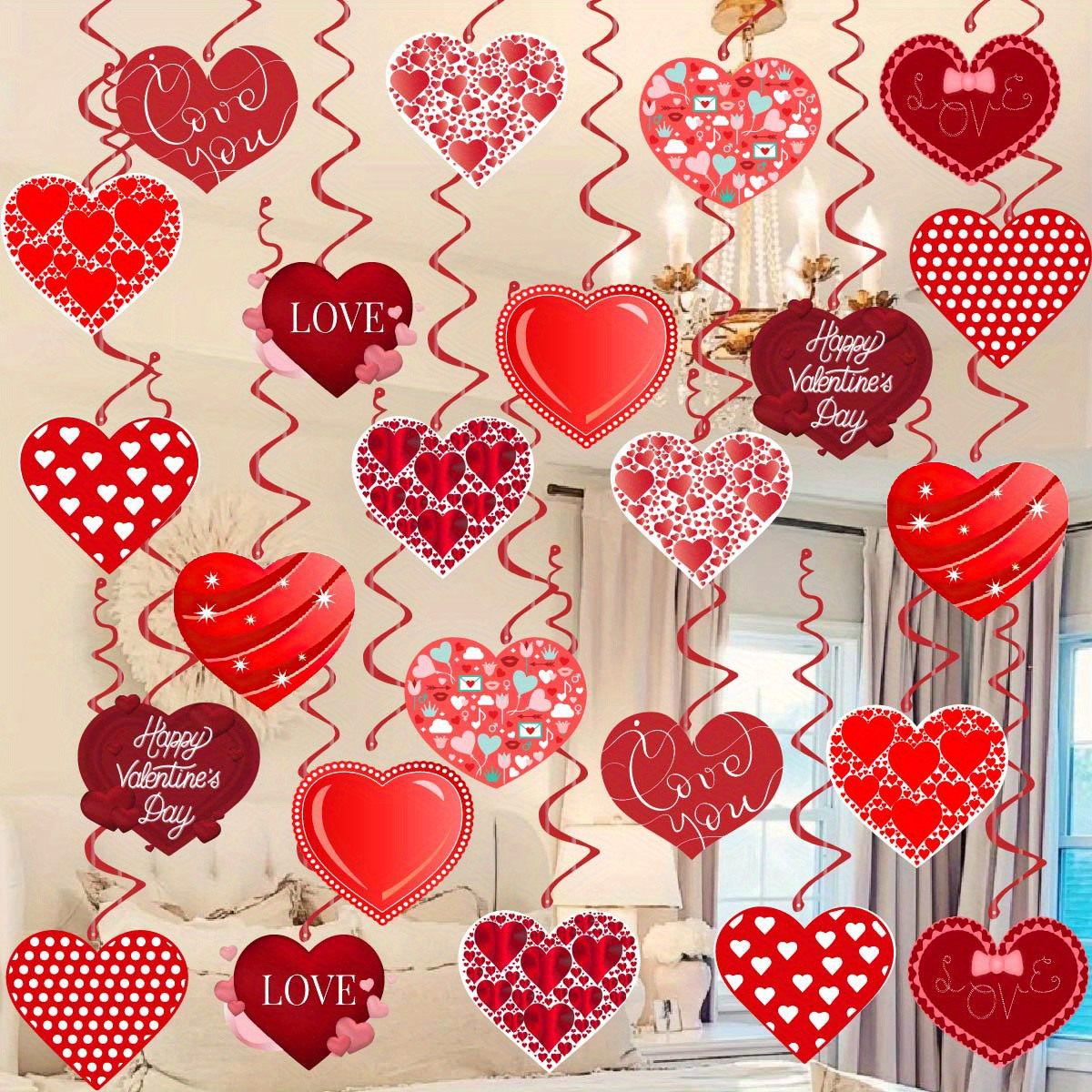 24pcs Red Glitter Heart Swirls - Valentine's Day & Wedding Decor, Romantic Hanging Love Ornaments