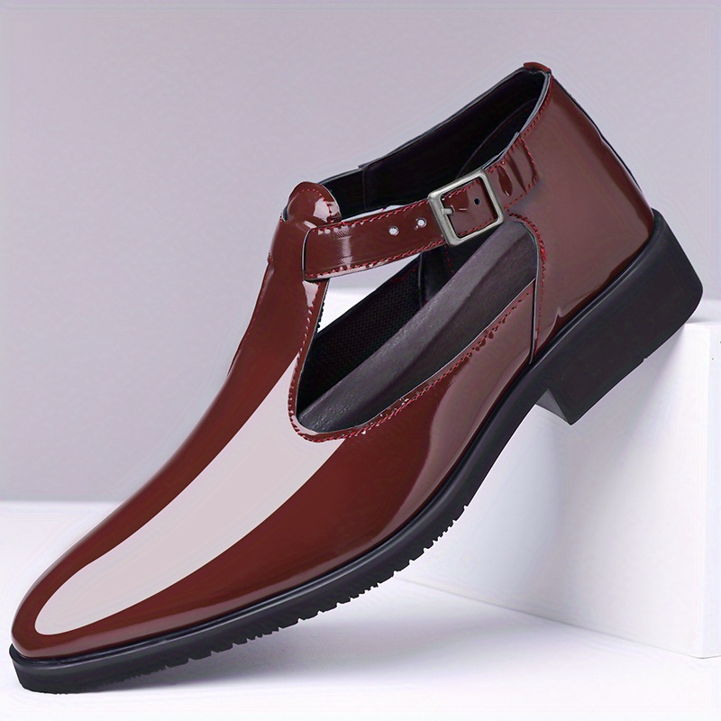 Men's Glossy Patent Dress Shoes with Breathable Cut-Out Design - Slip-On Closure, Comfortable Rubber Sole & PU Lining - Black Low-Top Formal & Casual Footwear