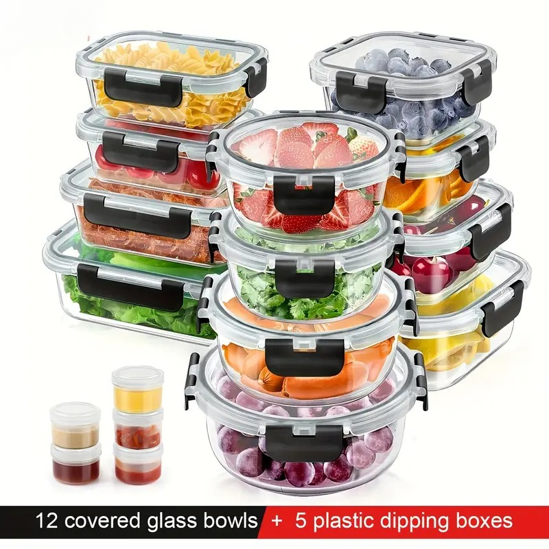 E-shop 34-teiliges Set aus Glas-Lebensmittelaufbewahrungsbehältern mit Deckeln, luftdichte Glas-Meal-Prep-Behälter (17 Behälter & 17 Deckel),