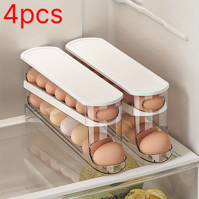 4pcs Double-Layer Rolling Egg Storage Container with Egg Holders & Dividers - Space-Saving Refrigerator Suitable for Side Door Shelves, Adhesive Installation, Egg Carton Holder for Home Pantry Organization (No)