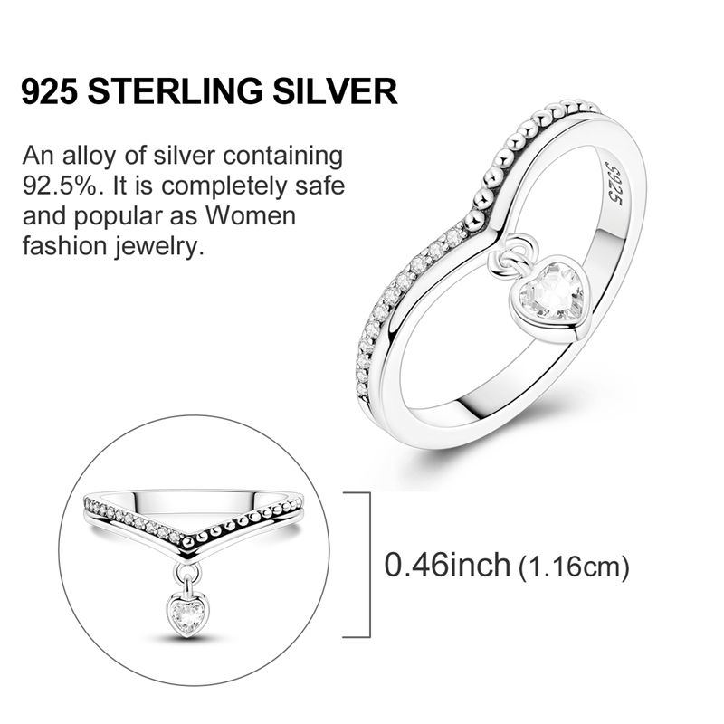 Women's Exquisite 925 Silver Sparkling Wishbone Heart Ring