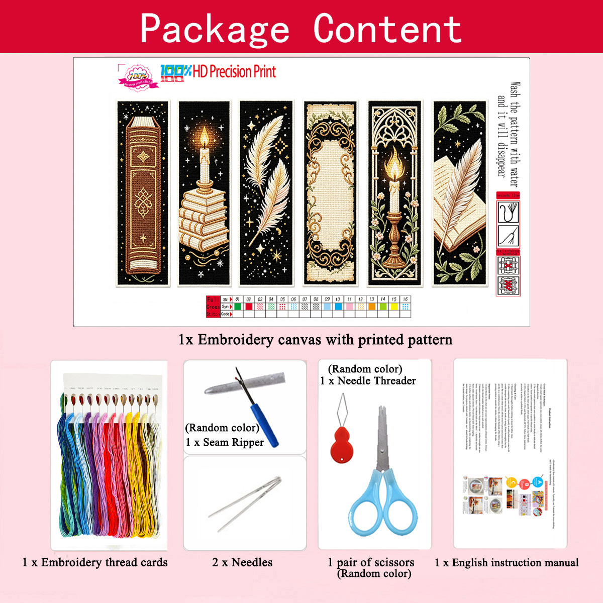TEMU 1 Set 11ct 6 Styles Gothic Cross- Bookmark Set Pattern Handmade Colorful Tassel Embroidery Bookmark Material Pack Beginner Handmade Gift Magic