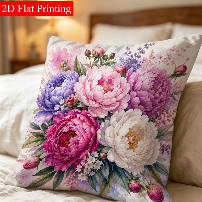 TEMU Vibrant Peony Floral Pillow Cover, 45*45 Double - Sided Printed, 2d Flat Printing, Cozy Elegant Decor For Bed With White Bedding & Wooden