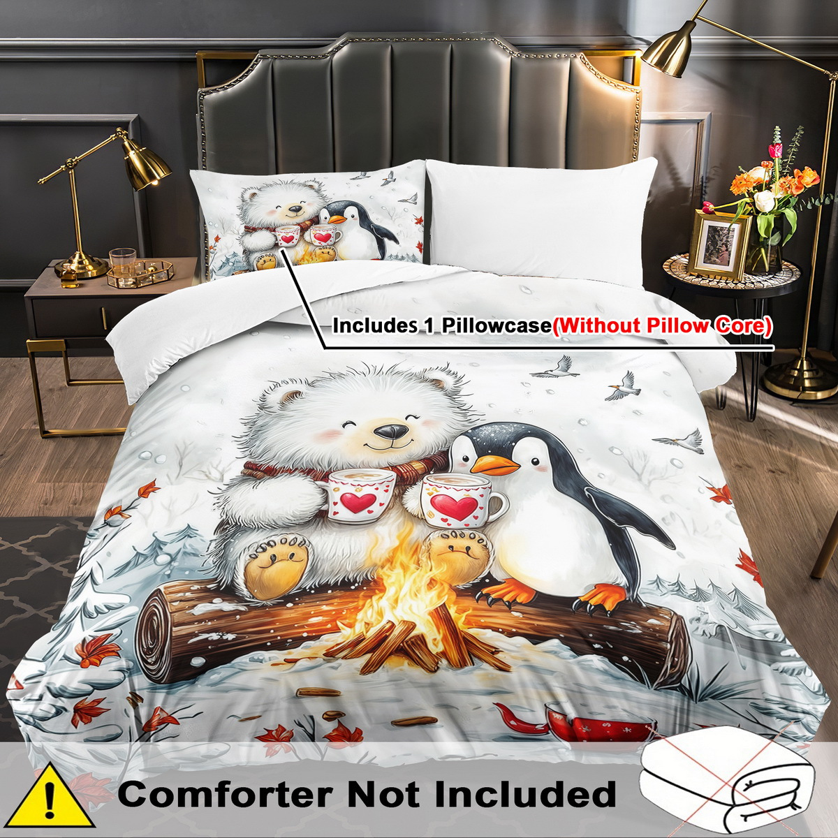 TEMU Cartoon Animal Theme Duvet Cover Set - 2/3pcs, Soft, Comfortable, And Breathable, Penguin And Bear Print Bedding Set, Animal Pattern Duvet Cover