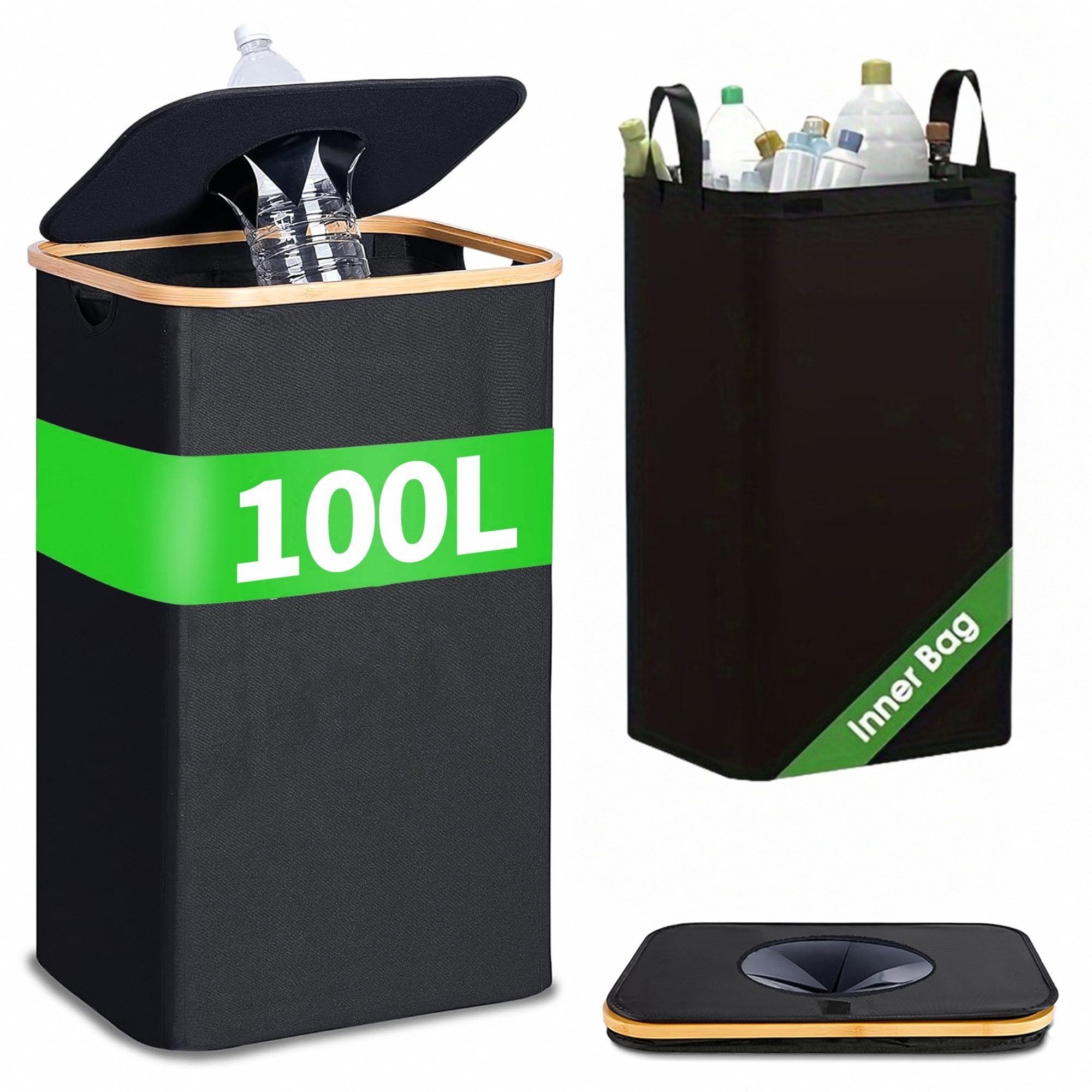 100 Liter Large Capacity Kitchen Recycling Bin With Detachable Tote Bag, Glass Paper Empty Bottle Recycling, Beverage Bottle Storage Basket, Foldable Trash Can, Household Storage Items, Perfect Gift