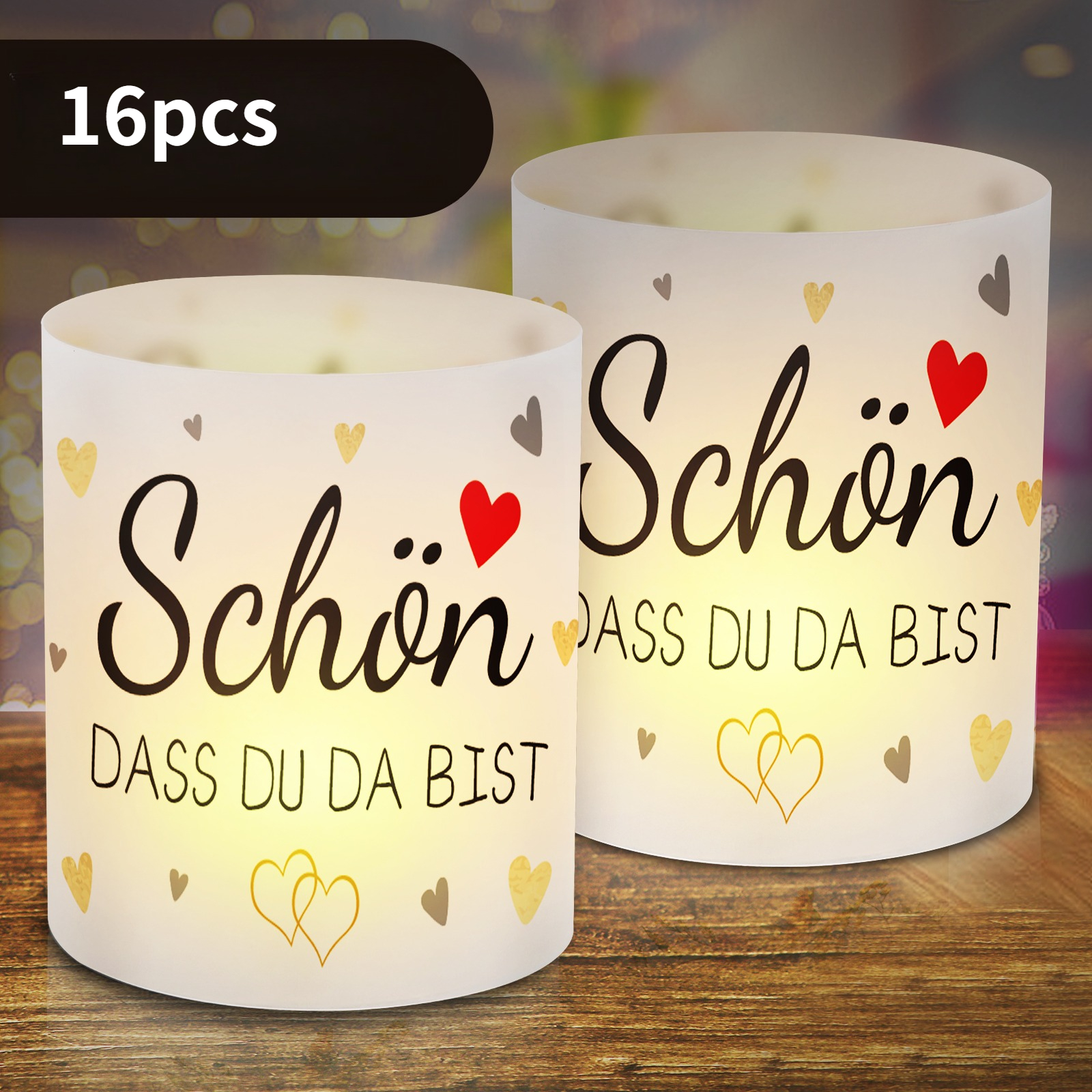 Image of 16pcs Heart-shaped Candle Lamp Covers, Featuring Red And Golden Dual-color Hearts And Double-layer Heart Pattern. Made Of Frosted Transparent Material
