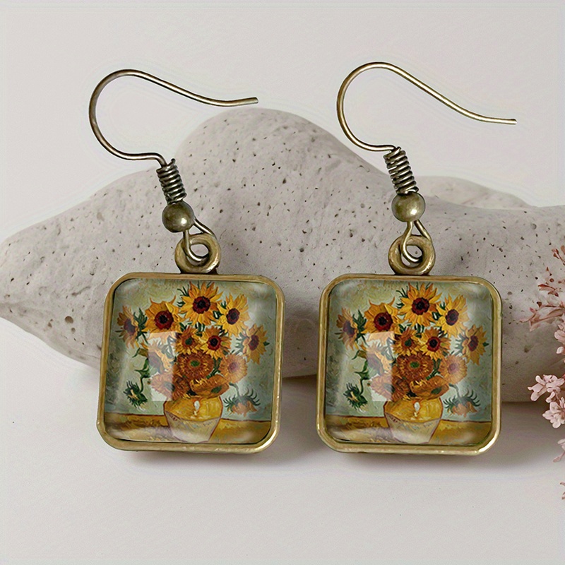 TEMU 1 Pair Vase Sunflower Oil Painting Square Earring Retro Glass Dangle Earrings Handmade Jewelry Gift