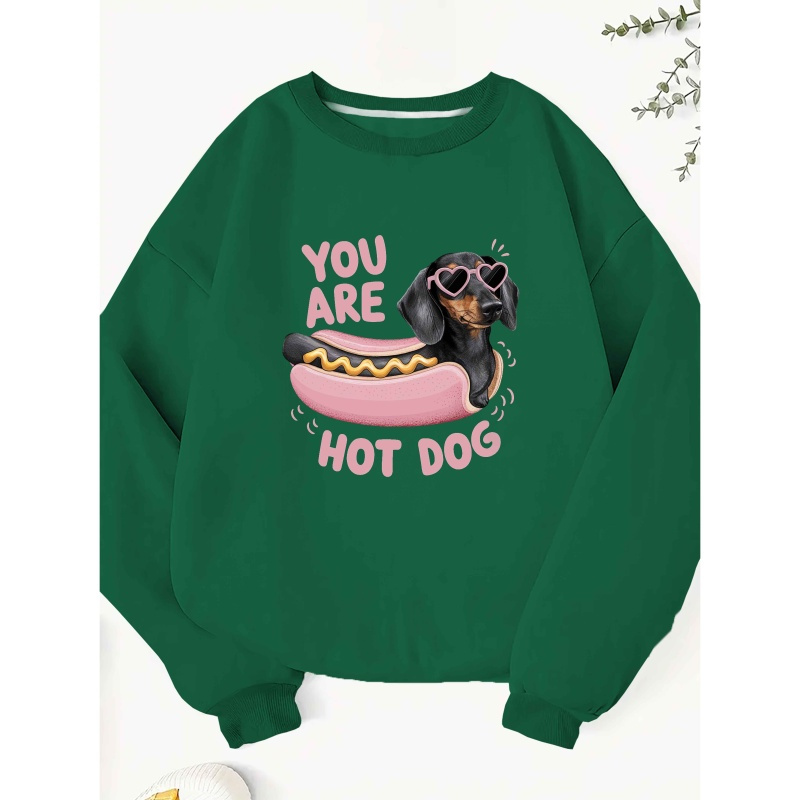 

Dachshund Dog Bun Graphic Neck Sweatshirt, Casual Polyester Knit Pullover, Geometric Pattern, For Women, Fall/winter Season