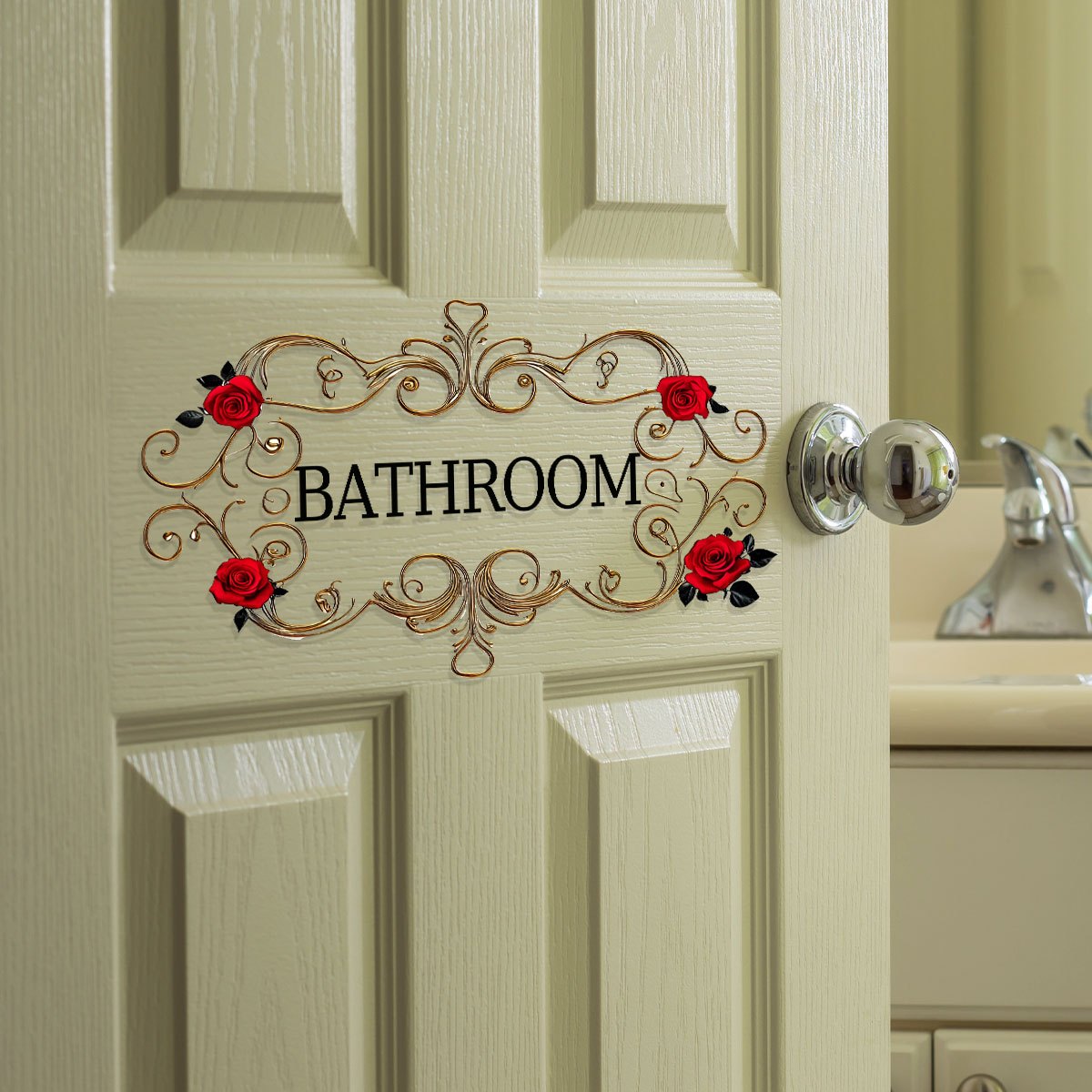 TEMU Classic Elegant Rose Floral Bathroom Wall Sticker - Self-adhesive Plastic Home Decor, Red Rose And Black Swirl Pattern, Suitable For Bedroom,