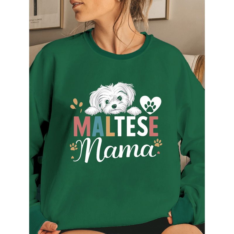 

Chic Maltese Dog Graphic Sweatshirt For Women - Cozy Polyester, Crew Neck, Casual Fit For Fall & Spring