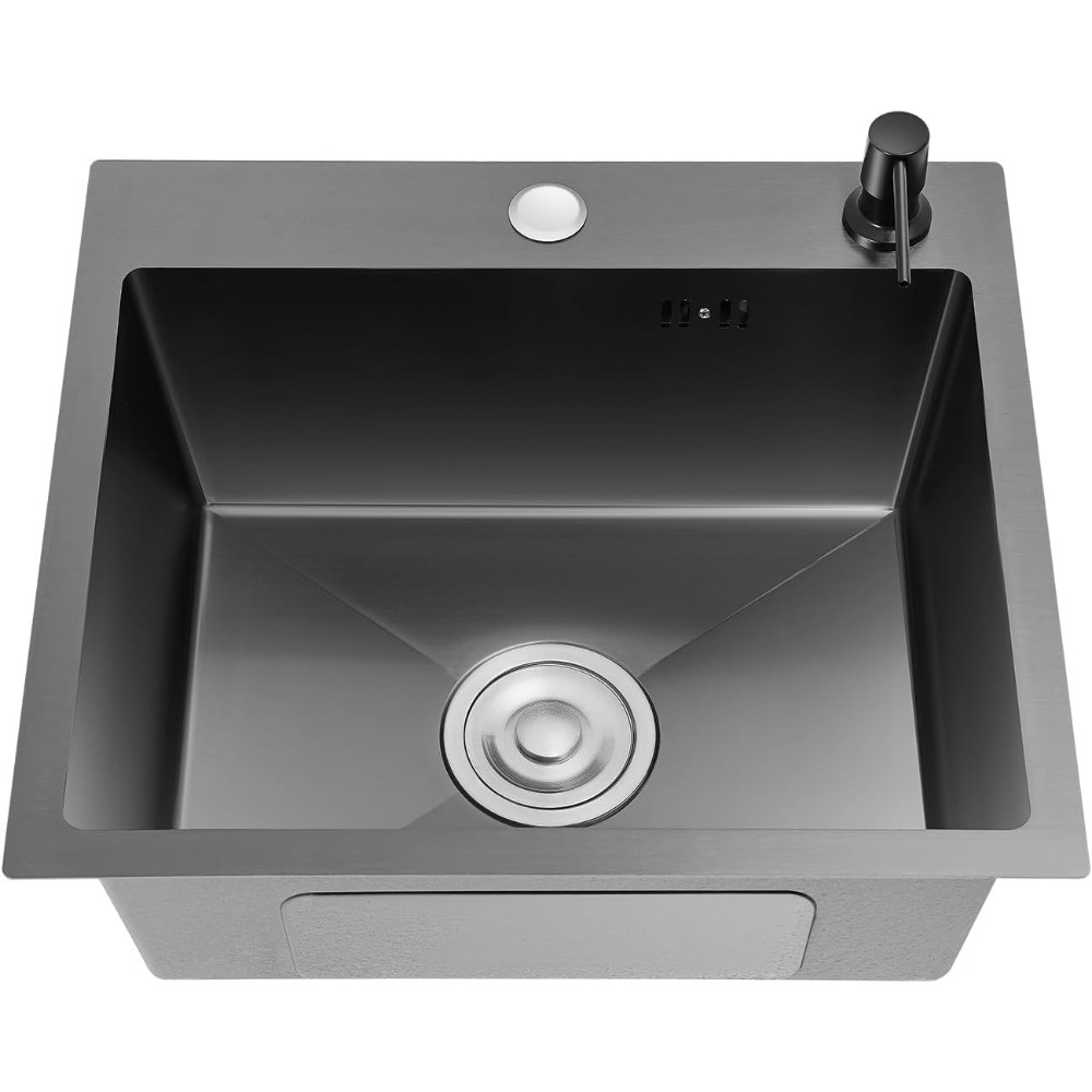 TEMU Modern Black Stainless Steel Kitchen Sink With Soap Dispenser, 40x45cm, Built-, Includes Drain Basket & Accessories, Durable & Easy To Clean, Kitchen Sink Accessories