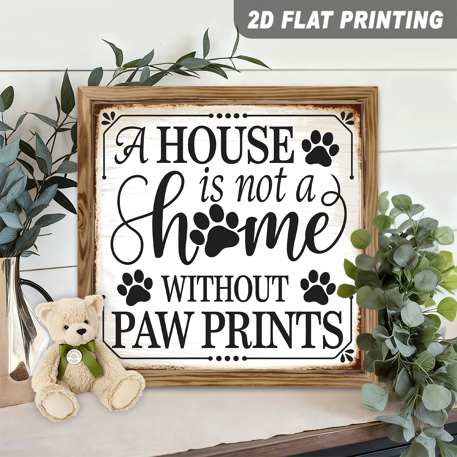TEMU Panneau 2D Plat Unique, Maison n'est pas une maison empreintes de pattes, Cadre en bois, Thème Vintage avec Décor d'empreintes de pattes,