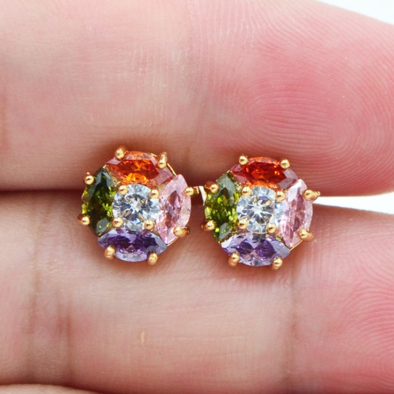 TEMU 1 Pair Of Popular And Fashionable Colored Gemstone Golden Stud Earrings, Suitable For Women, Suitable For Parties, Banquets, Leisure And