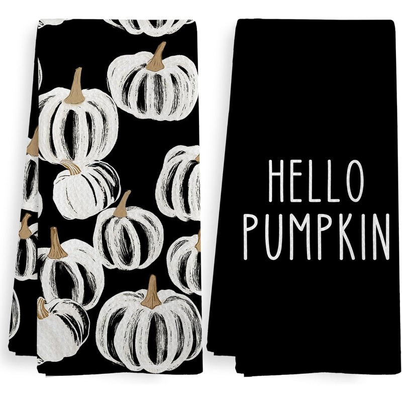 TEMU Cleaning Cloth 2pcs Kitchen Towel Pumpkin Black Kitchen Towels And Dish Cloths, Black-white Fall Pumpkin Decor, For , Fall Aesthetic Dish Towels