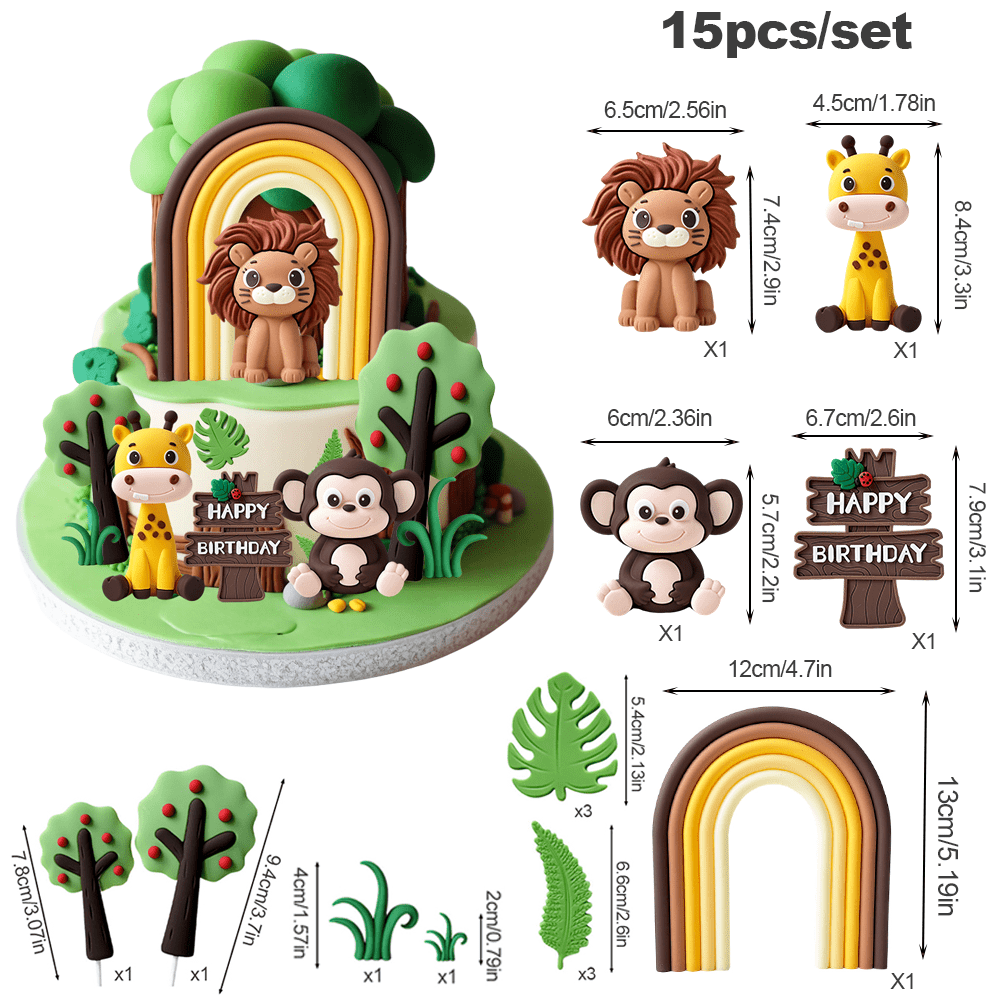 15pcs Retro Rainbow Lion Cake Toppers, Animal Cake Decorations With Monkey Giraffe Lion Tree For Birthday Decor, Dessert Table Decor, Baking Additions