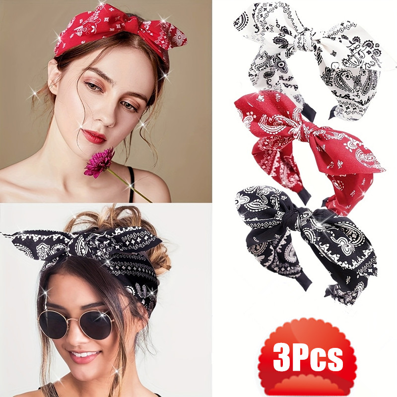 TEMU 3pcs Women's Paisley Fabric Bow Wide-brimmed Hair Accessory Headbands, Fashionable Bohemian Style, Suitable For Daily Use