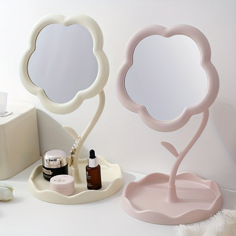 

1pc Floral Vanity Mirror With Storage Tray - Polished Plastic Frame, Dresser Mount, Lightweight, Portable, Unscented, No Electricity Or Battery Needed, Ideal For Bedroom, Student Desk, And Travel Use