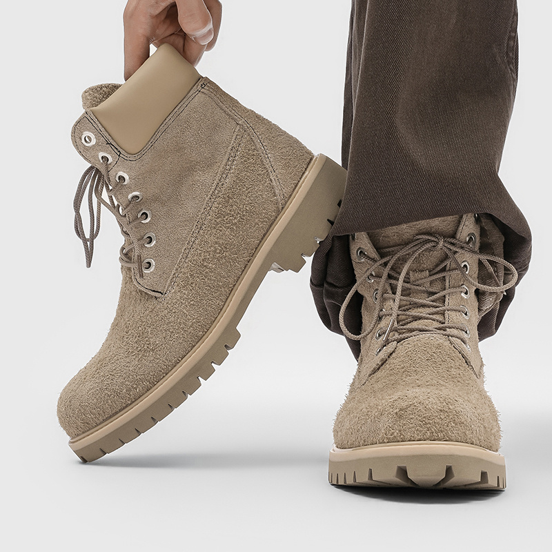 Men's Boots with Thick Sole for Height Increase, Work Boots, Outdoor Hiking Shoes, American High-Top Motorcycle Casual Shoes