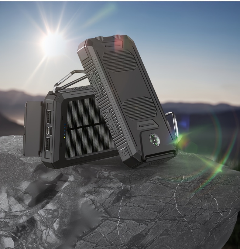 20000mAh Portable Solar Power Bank, Portable Solar Mobile Phone Charger, Camping External Battery Charger for Mobile Phones, for iPhone,, Android Portable Charger, 2 USB/ LED Flashlights with Compass for Outdoor Activities