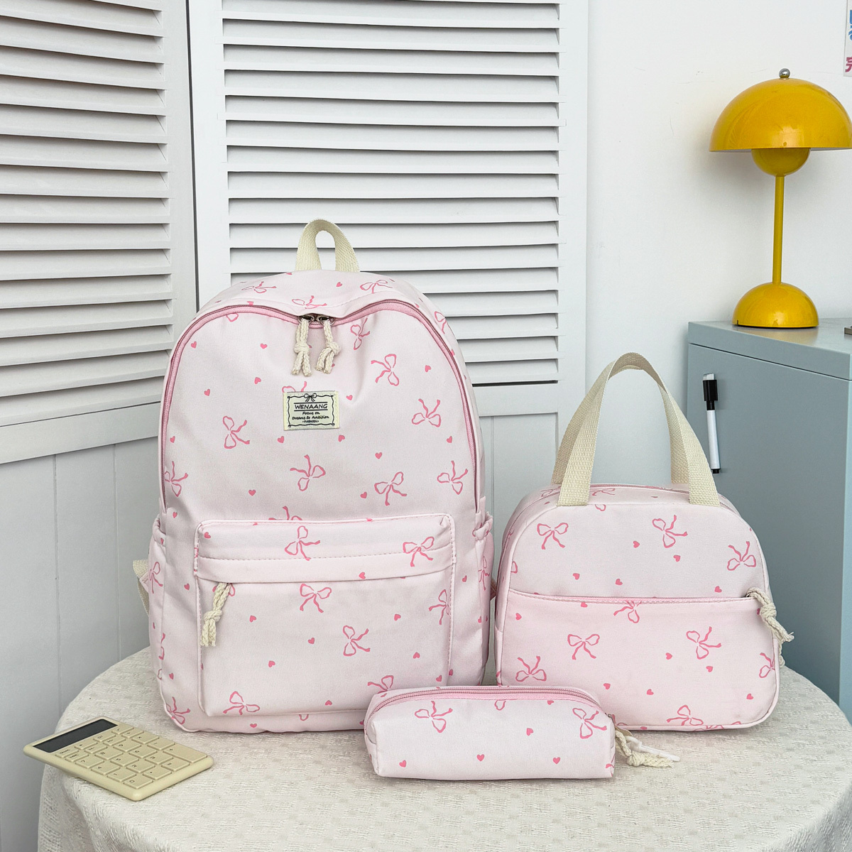 TEMU 3pcs Cute Bow Print Backpack Set Lightweight Student School Bag With Lunch Tote Bag And Pencil Case, Casual Bookbag For Women/men
