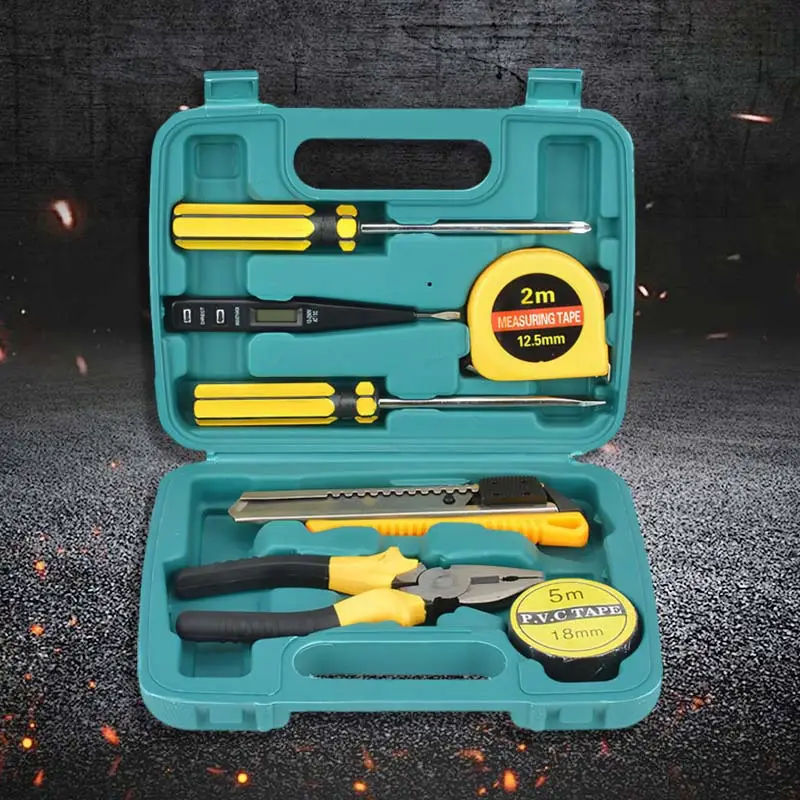 1 set carbon steel 9 in 1 multifunctional portable tool set home and auto repair kit with wrench screwdrivers pliers and measuring tape no battery required Product details 1