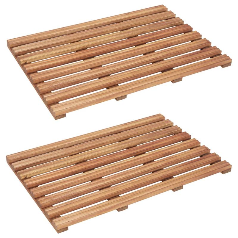 Image of Premium 2pcs Solid Acacia Wood Bath Mat Set - 56x37cm Non-slip Backing Natural