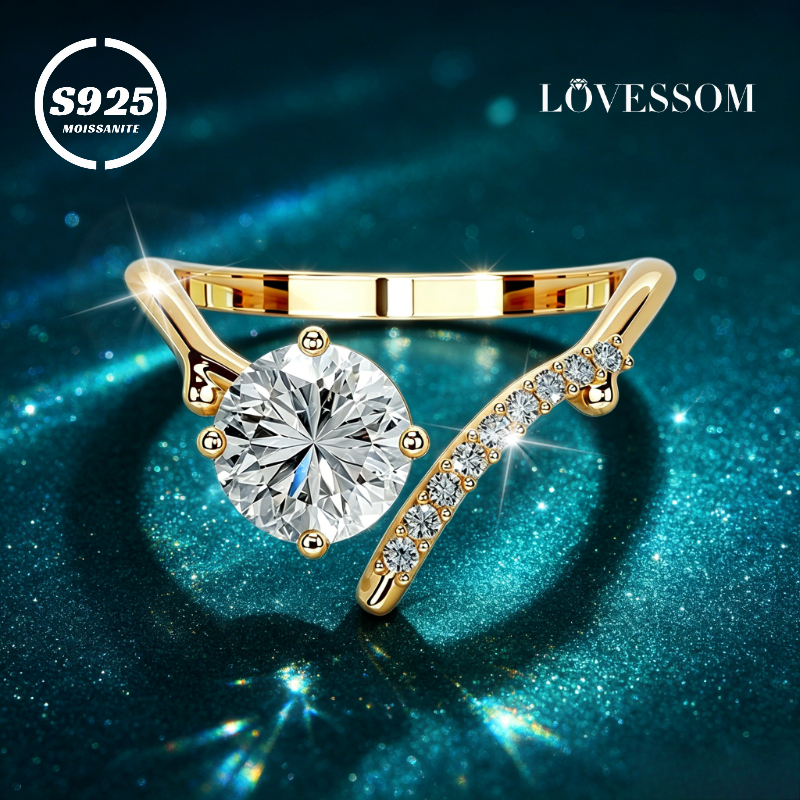 Unisex 1-Carat Round Moissanite Adjustable Open-end Wedding Ring