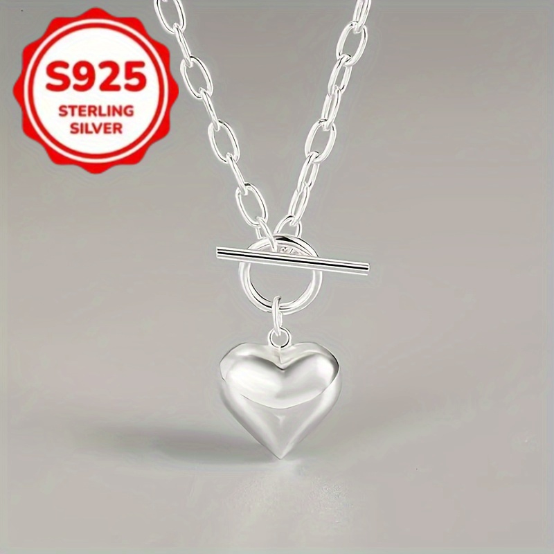 TEMU Élégant collier avec pendentif cœur en argent sterling 925 et boucle OT hip hop rétro - Parfait pour les accessoires de tous et de Noël pour