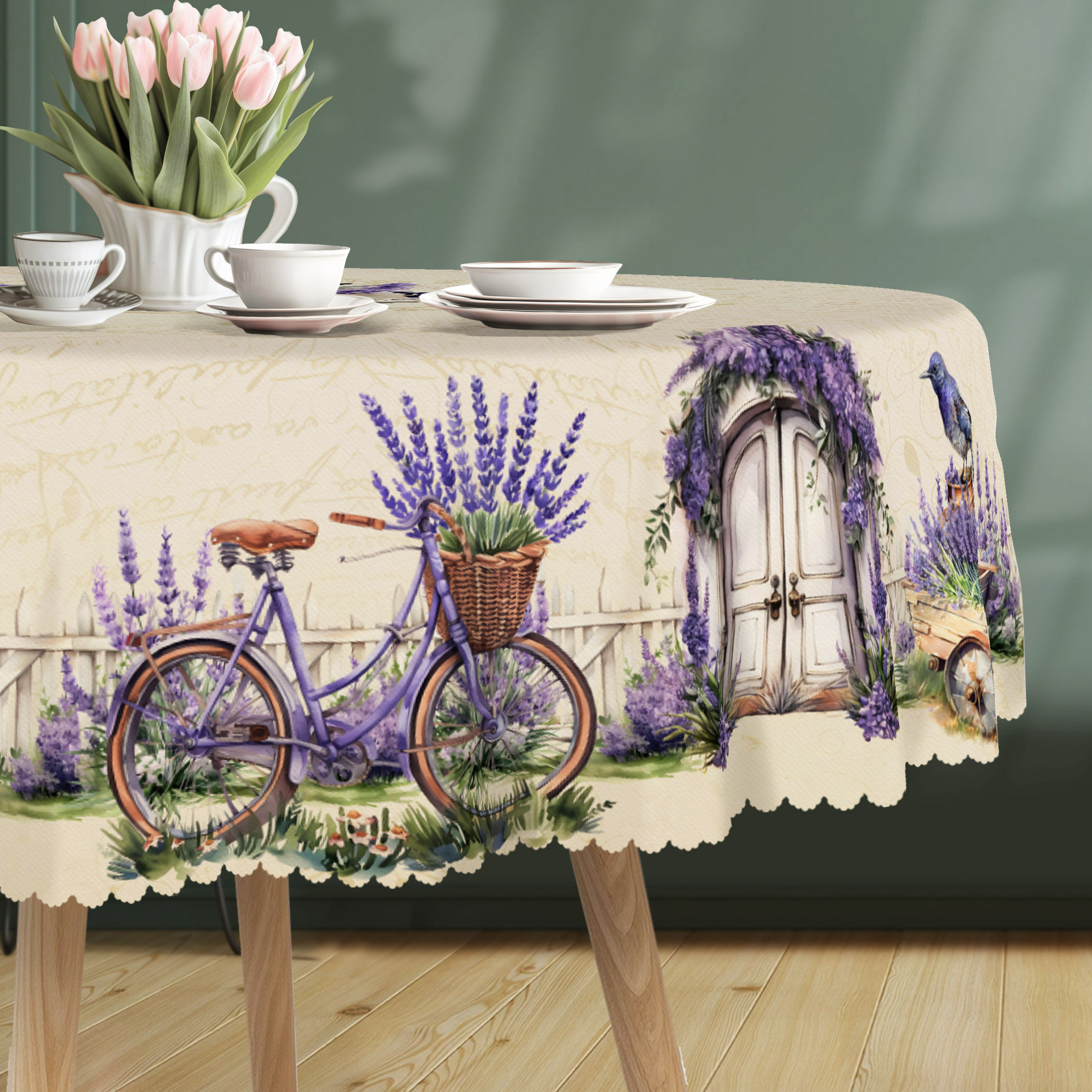 Image of Lavender Vintage Tablecloth With Purple Floral & Bicycle - Rustic Country Style, 100% Polyester, Square Or Round Options, Ideal For Spring/ & Festive Decor