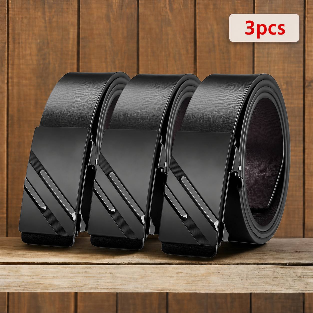 Image of 3pcs Men's Belt Set, Black Automatic Belts With Golden, Black& Silvery Accents, Adjustable No-hole , Casual Wear& Gifts