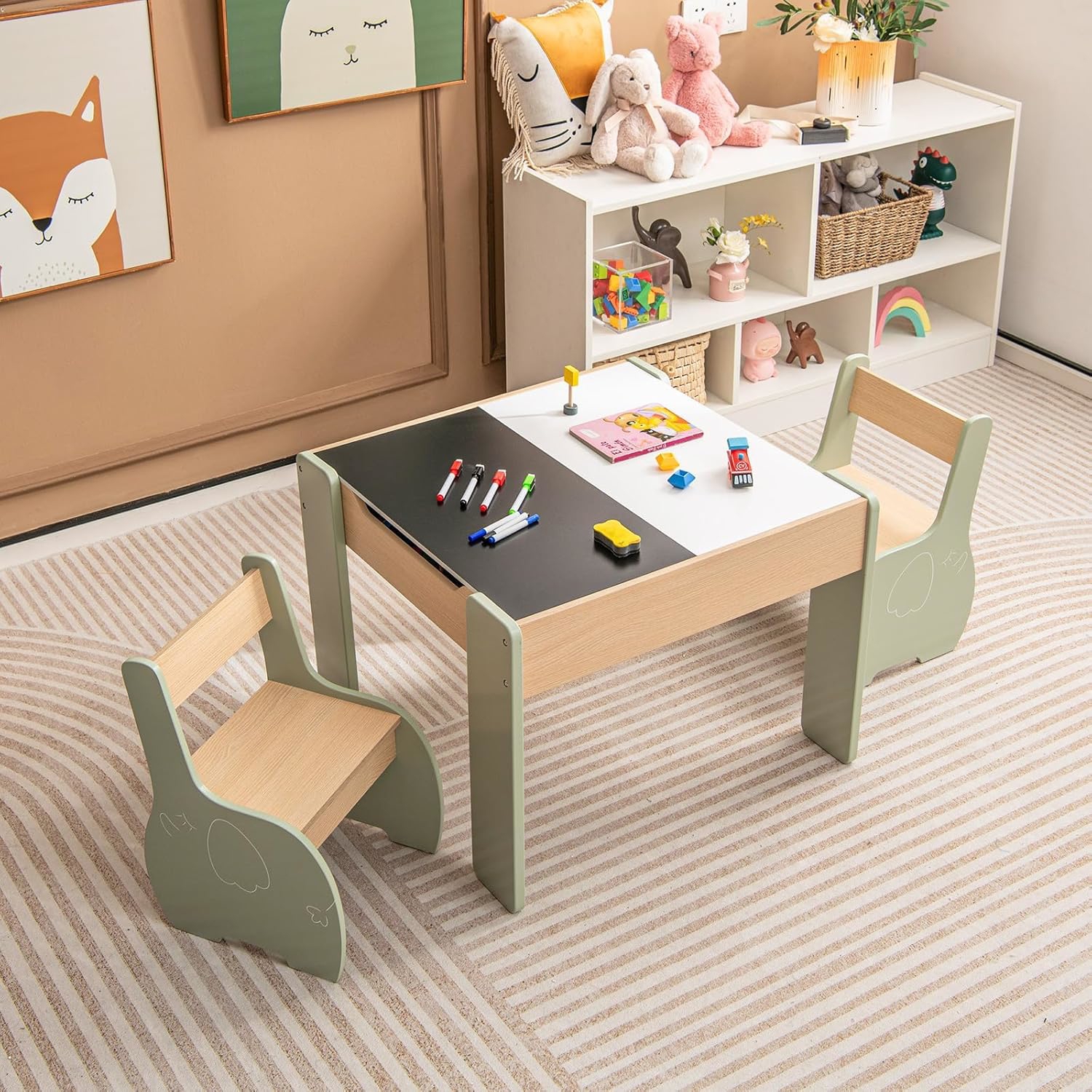 Table With 2 Chairs, 3pcs Wooden Furniture Set With Reversible And Removable Table Top
