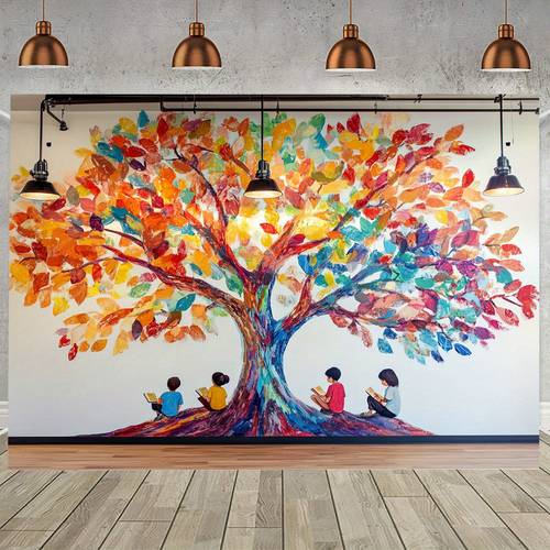 a mural depicting of knowledge and imagination this colorful polyester banner is perfect for decorating classrooms offices or party settings it to learning and
