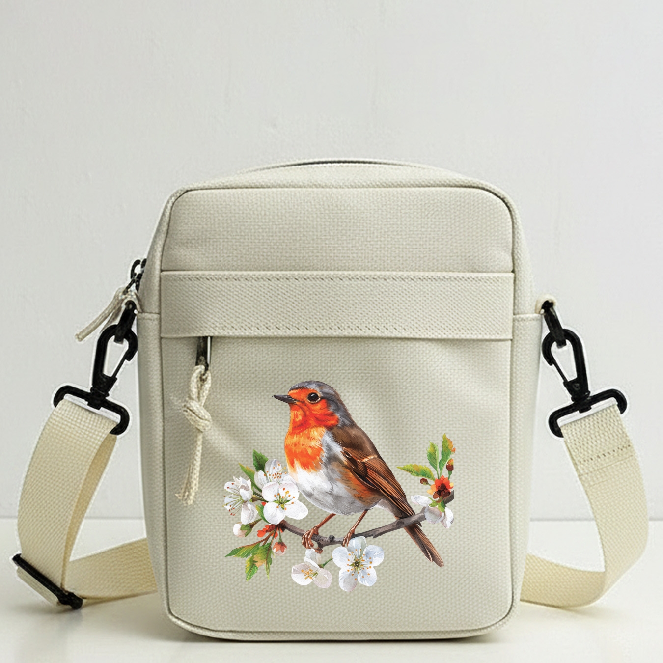 TEMU Lente Bloemen Robin Vogel Trendy Schoudertas voor Mannen - 2D Platdruk - Afneembare Schouderbanden en Rits, Capaciteit voor Feest Concert Dating
