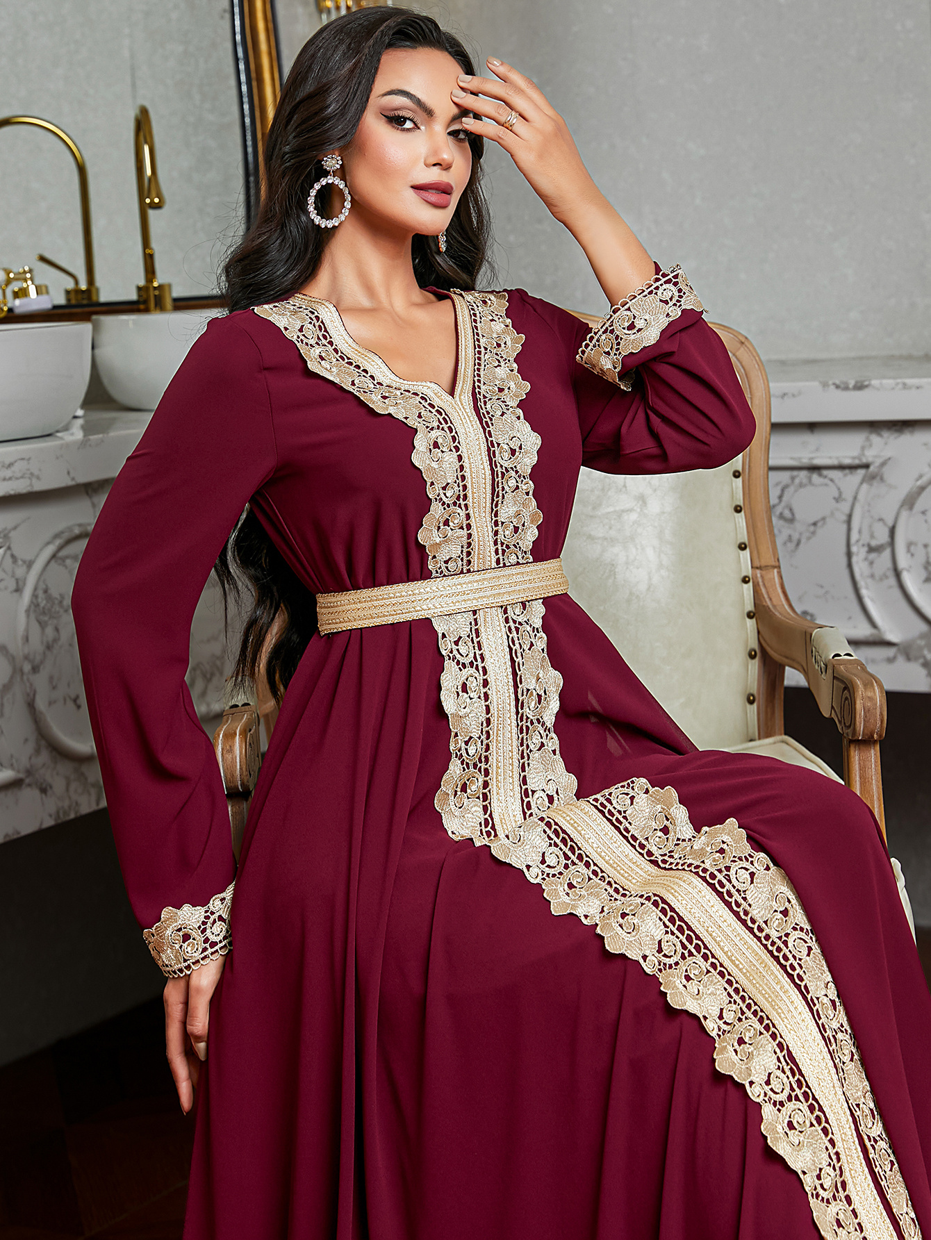 Elegant Middle Eastern-Inspired Burgundy Lace-Trimmed Double-Layer A-Line  Dress with Belt Detail Long Sleeve Regular Fit Spring/Summer Casual to For