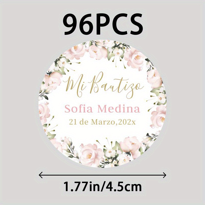 TEMU 48/96 piezas de pegatinas personalizables de bautizo en español "Mi Bautizo" - Pegatinas redondas florales rosas con y personalizados,